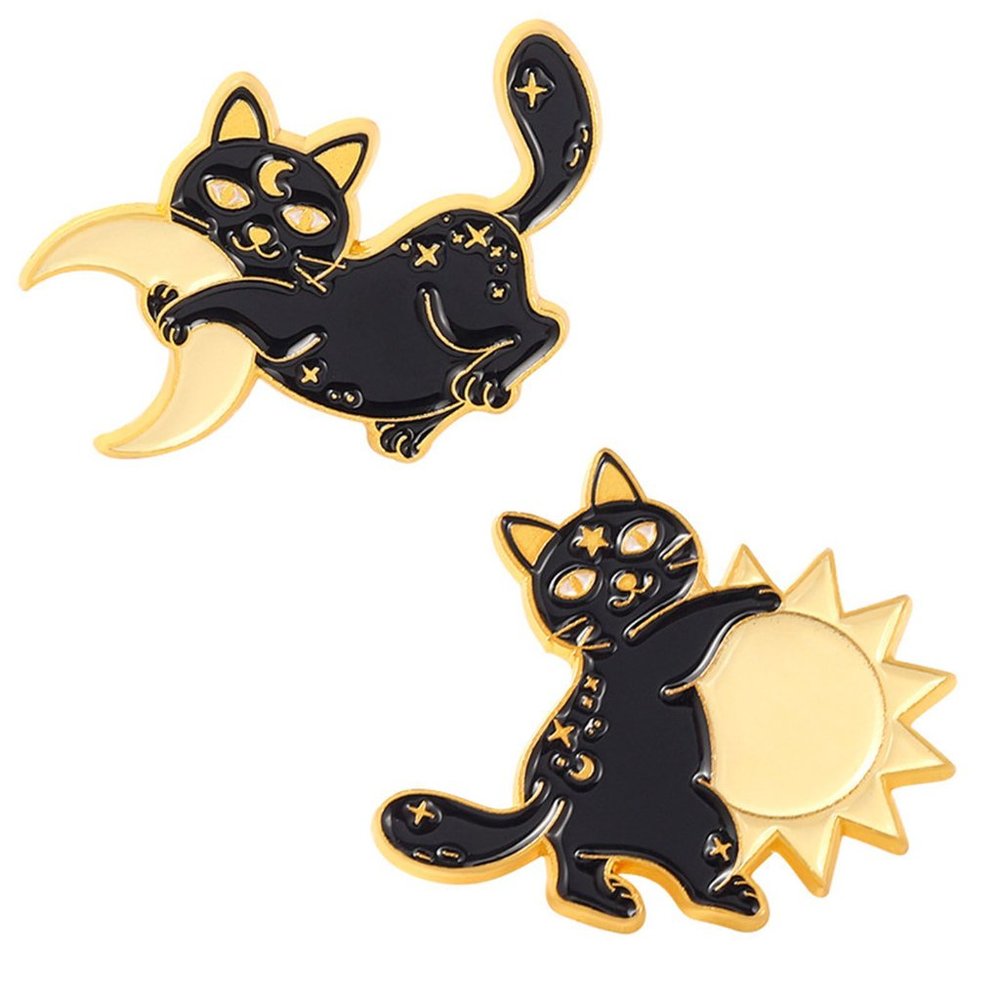 Metal and Enamel Black Cat Sun & Moon Lapel Pins Set of Two (New)